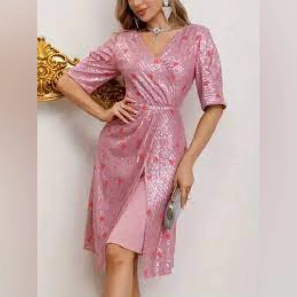 Fairy Faeriesty Glam Pink Sequin Midi Dress Sparkle Luxury Luxe Hearts M - Picture 1 of 6